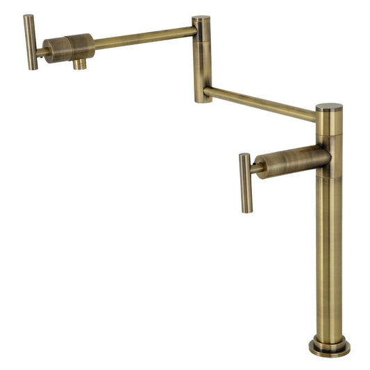 Kingston Brass KS4703CML Manhattan Deck Mount Pot Filler Faucet, Antique Brass with swing arms on a white background.