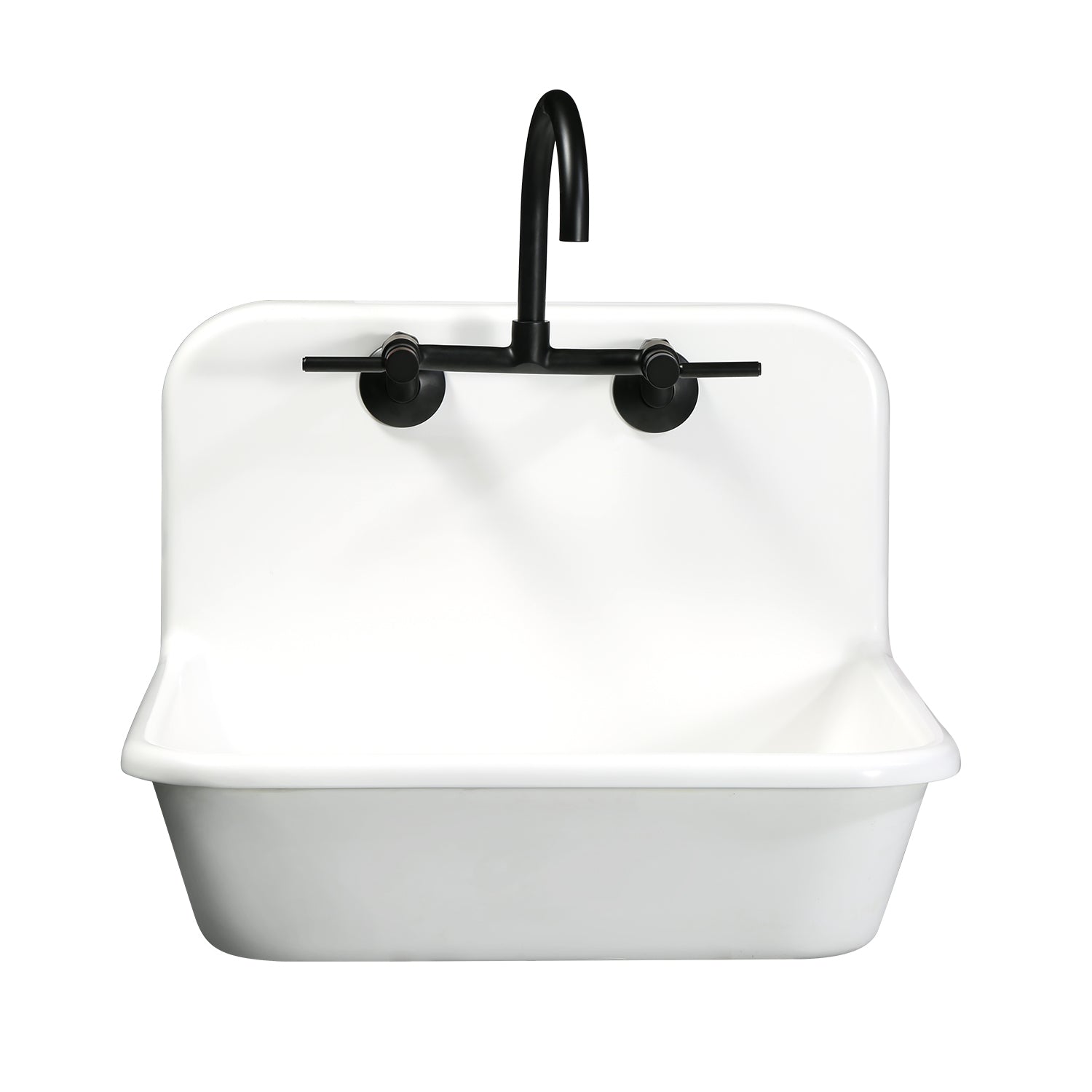 Kingston Brass KS814SB Concord Wall Mount Bridge Kitchen Faucet mounted on a white sink.