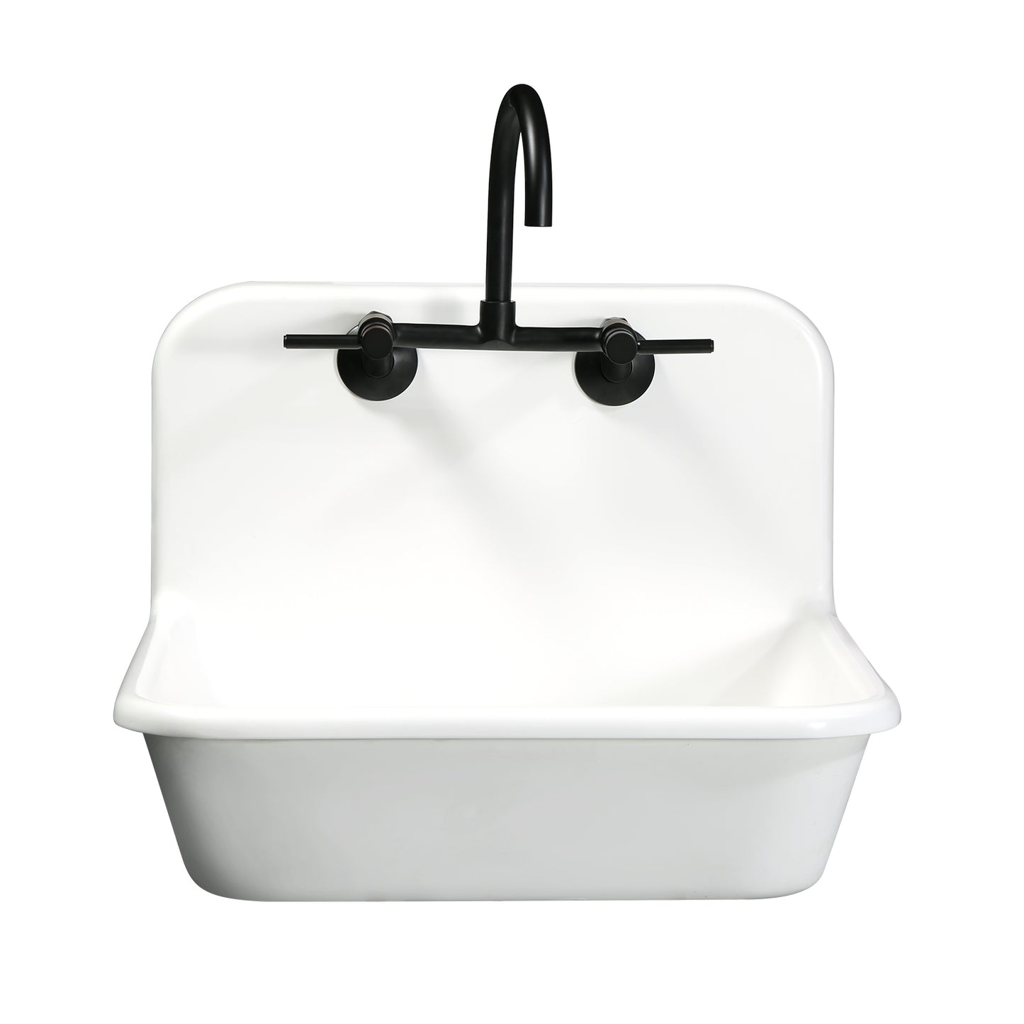 Kingston Brass KS814SB Concord Wall Mount Bridge Kitchen Faucet mounted on a white sink.