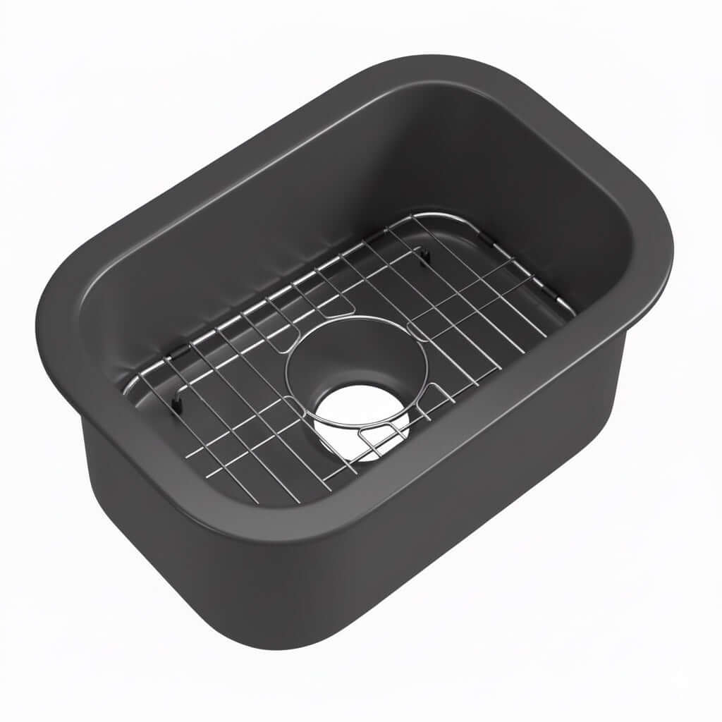 Alfi 13" x 19" Dual Mount Fireclay Prep Sink - ABF1319UD with metal grid and smooth surface.