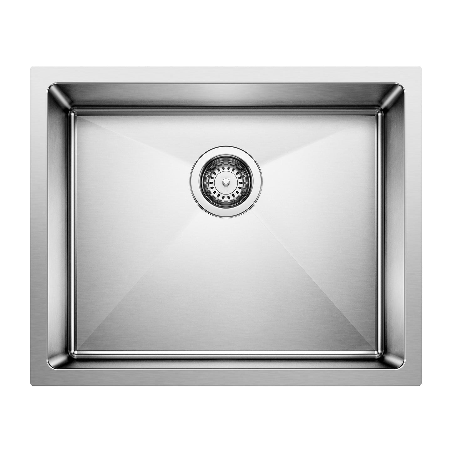BLANCO Quatrus R15 22" Single Bowl Undermount Stainless Steel Kitchen Sink top view with drain