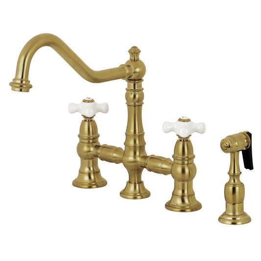 Kingston KS3277PXBS Restoration Bridge Kitchen Faucet with Brass Sprayer, Brushed Brass and white porcelain handles