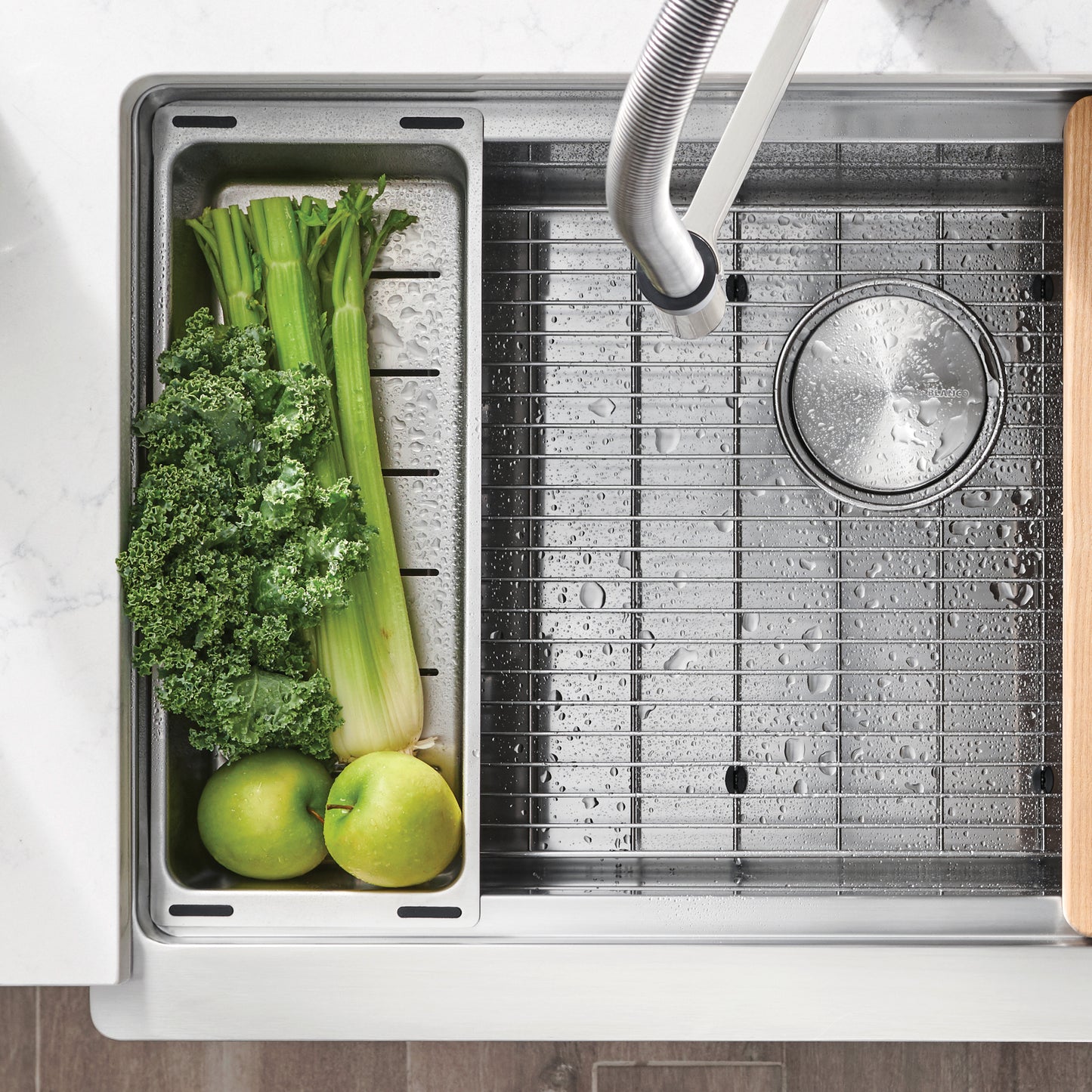 BLANCO Quatrus Ergon Colander with fresh produce in stainless steel sink