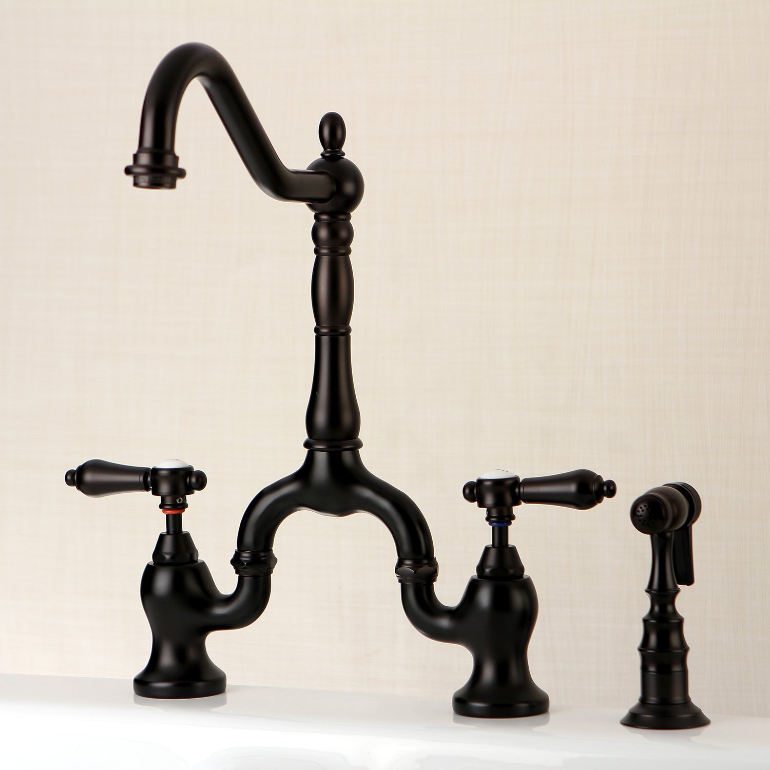 Kingston KS7753BALBS Heirloom Bridge Kitchen Faucet with Brass Sprayer, Antique Brass