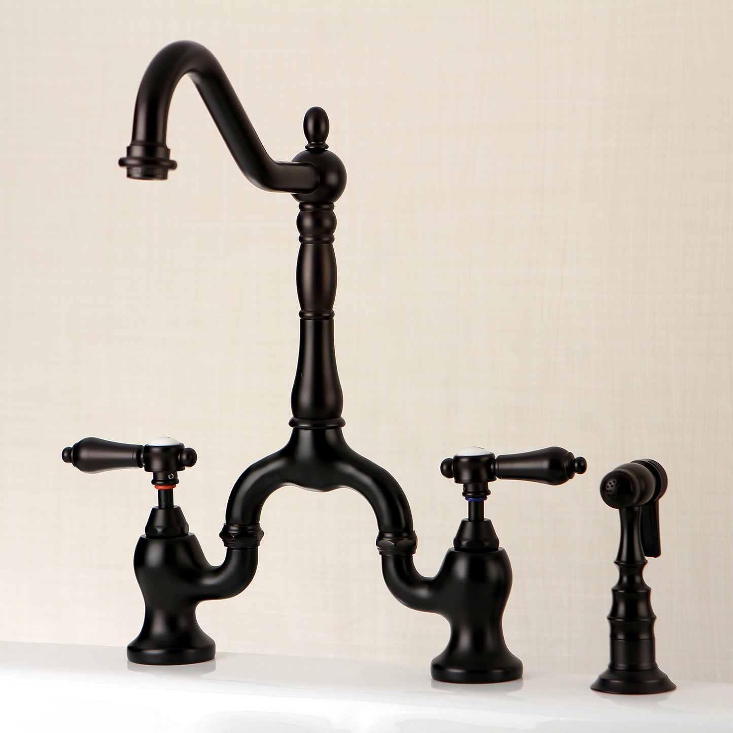 Kingston KS7753BALBS Heirloom Bridge Kitchen Faucet with Brass Sprayer, Antique Brass