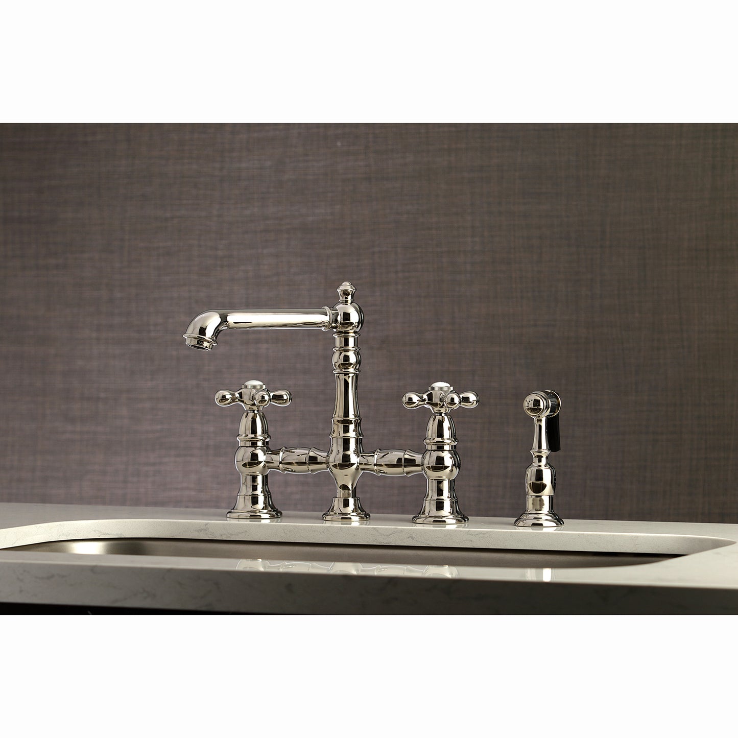 Kingston KS7277AXBS English Country Bridge Kitchen Faucet with Brass Sprayer, Brushed Brass