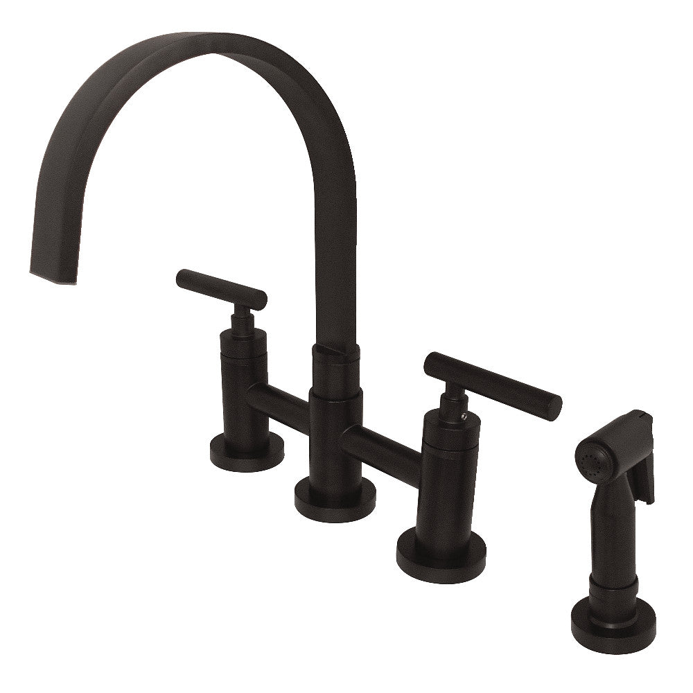 Kingston KS8267CMLBS Manhattan Bridge Kitchen Faucet with Brass Sprayer, Brushed Brass featuring elegant design and brass sprayer.