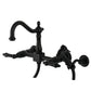 Kingston KS1263PKLBS Duchess Two-Handle Wall Mount Bridge Kitchen Faucet with Brass Sprayer, Antique Brass in matte black finish.