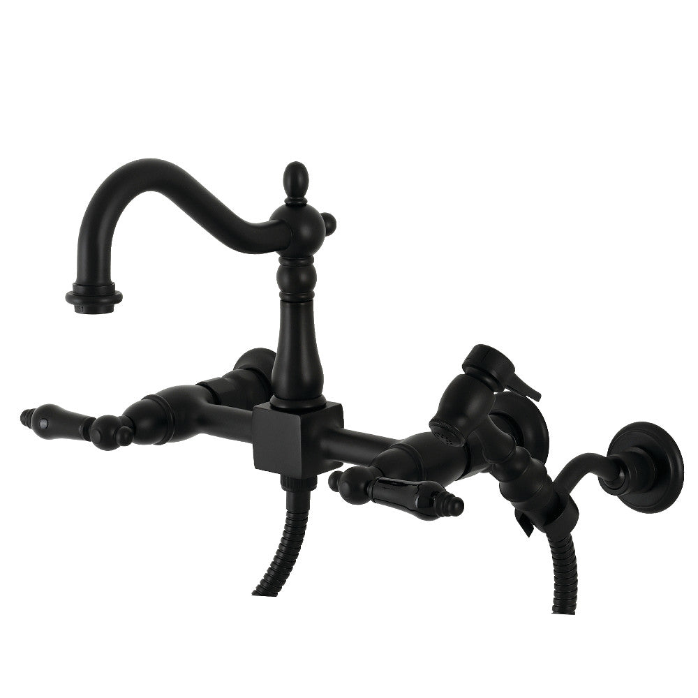 Kingston KS1263PKLBS Duchess Two-Handle Wall Mount Bridge Kitchen Faucet with Brass Sprayer, Antique Brass in matte black finish.