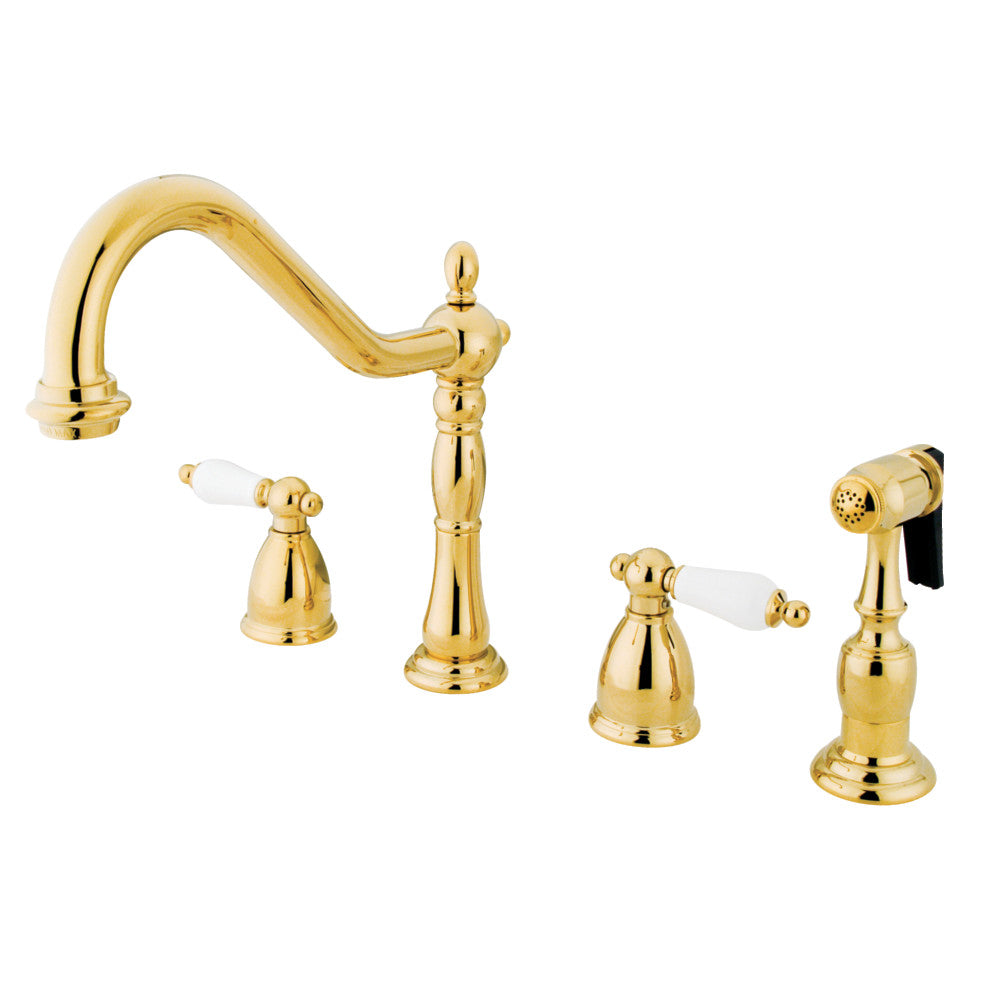 Kingston Brass KB1793PLBS Heritage Double-Handle Widespread Kitchen Faucet with Brass Sprayer, Antique Brass