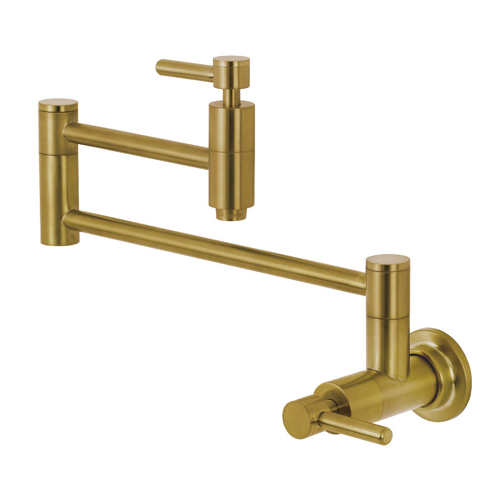 Kingston Brass KS8103DL Concord Wall Mount Pot Filler Faucet, Antique Brass with sleek design and swing arms.