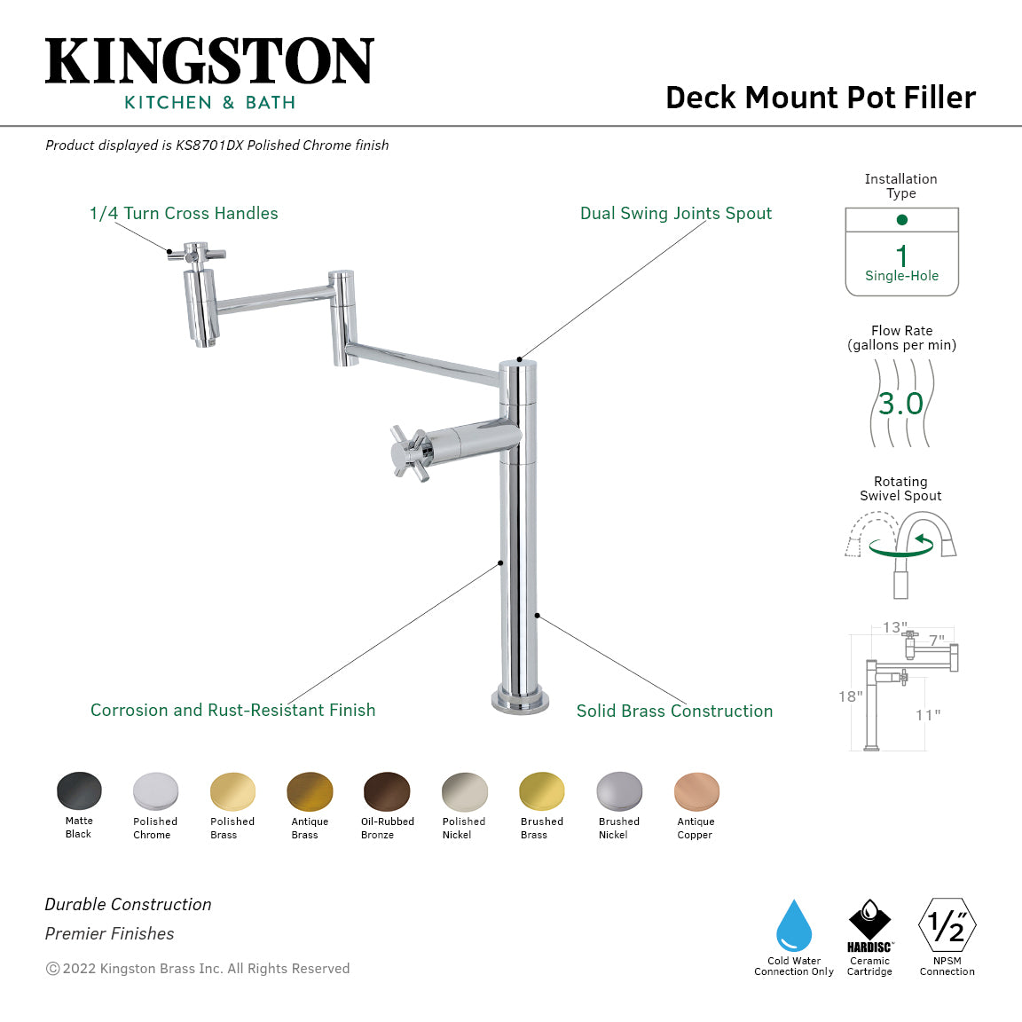 Kingston Brass KS8707DX Concord Deck Mount Pot Filler Faucet, Brushed Brass with dual swing joints and cross handles