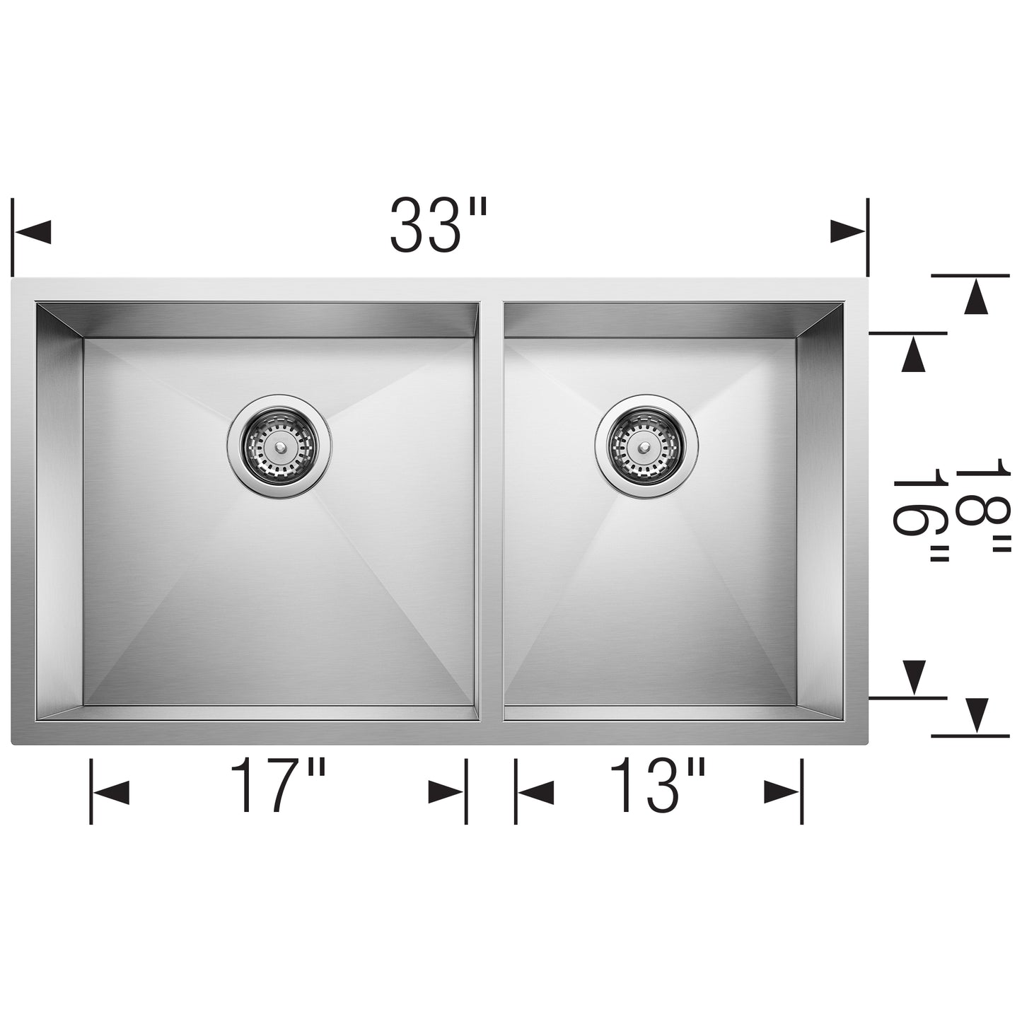 BLANCO Quatrus R0 33" 60/40 Double Bowl Undermount Stainless Kitchen Sink dimensions and design.