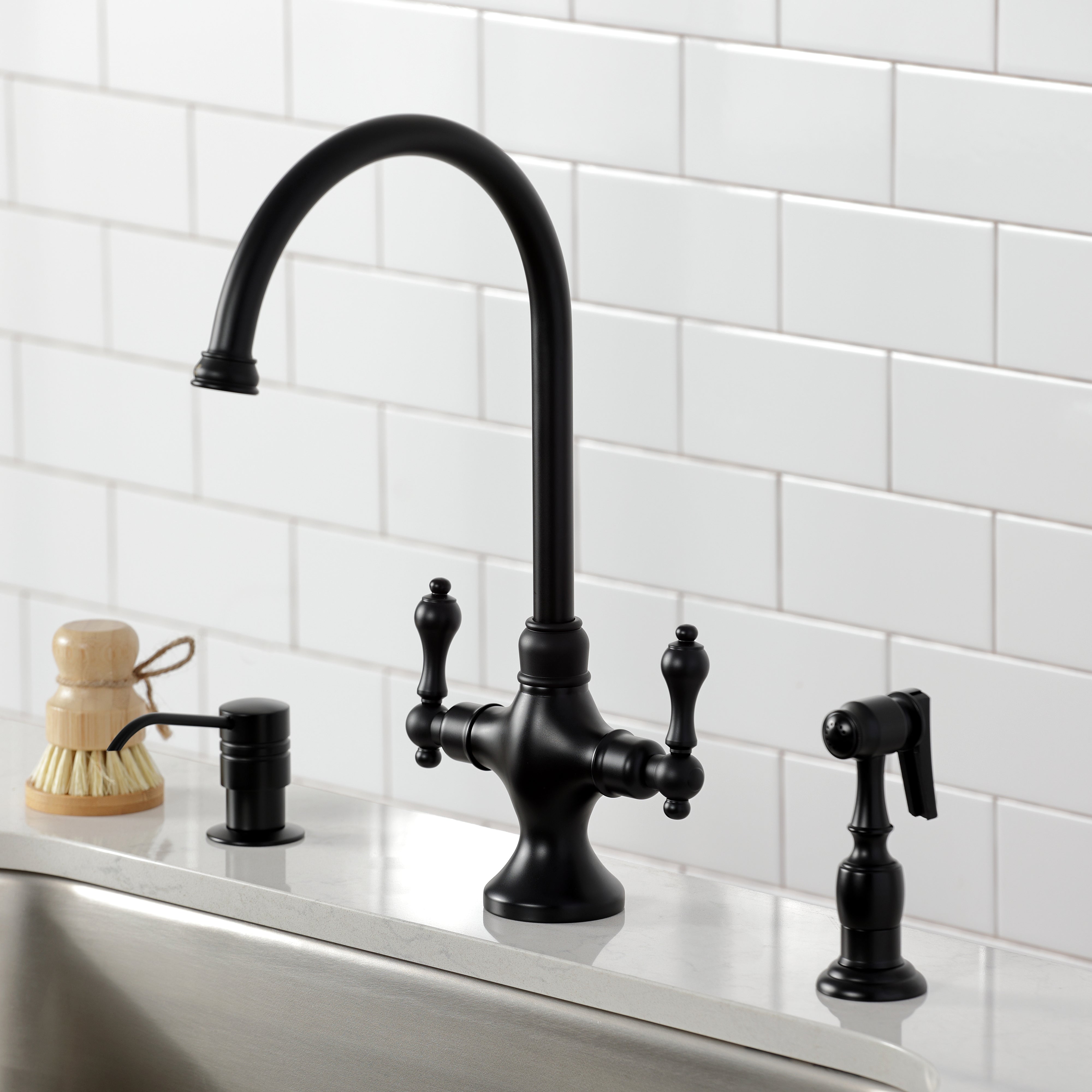 Kingston Brass KS1763ALBS Vintage Two-Handle Single-Hole Kitchen Faucet with Brass Sprayer, Antique Brass