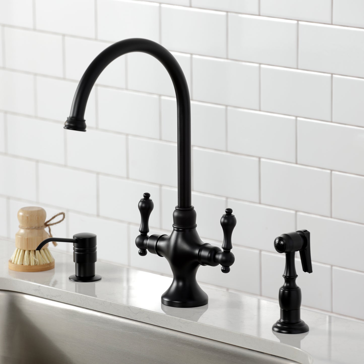 Kingston Brass KS1763ALBS Vintage Two-Handle Single-Hole Kitchen Faucet with Brass Sprayer, Antique Brass