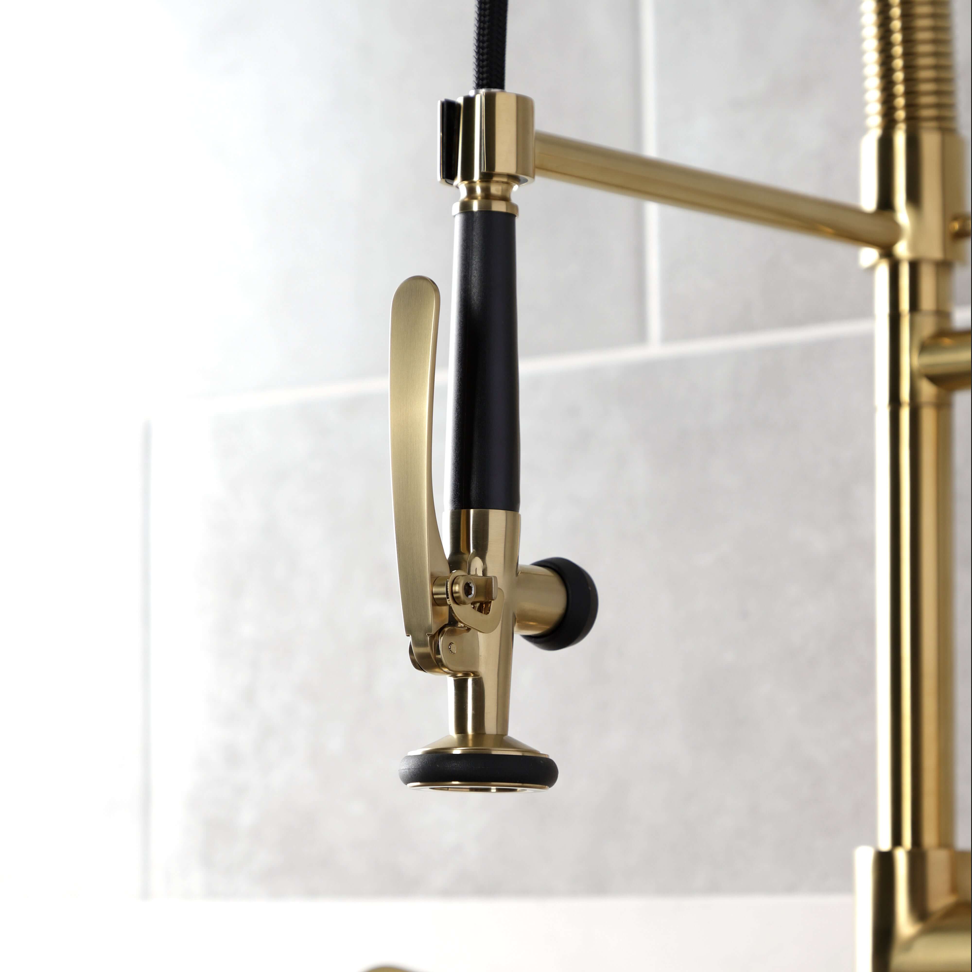 Kingston Brass LS8503DL Concord Single-Handle Deck-Mount Pre-Rinse Kitchen Faucet with Pot Filler, Brushed Brass sprayhead