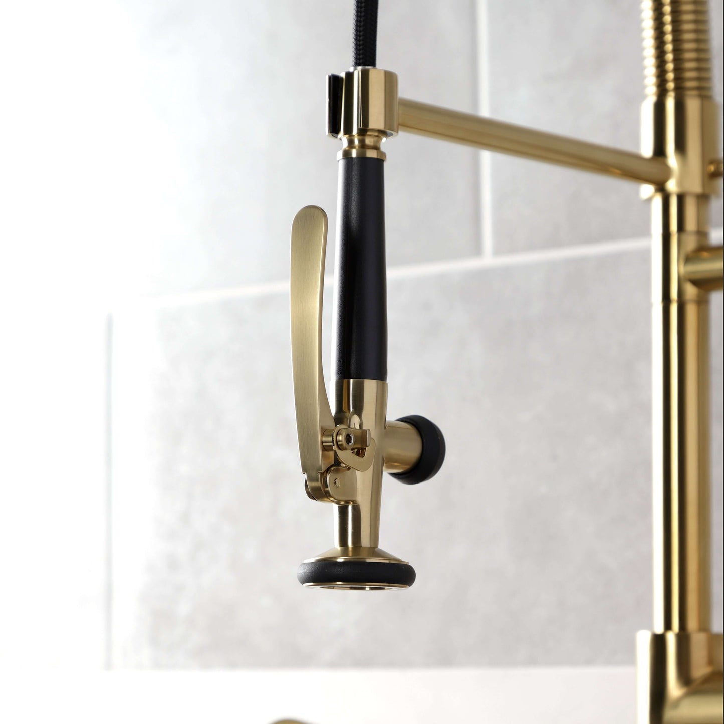 Kingston Brass LS8503DL Concord Single-Handle Deck-Mount Pre-Rinse Kitchen Faucet with Pot Filler, Brushed Brass sprayhead