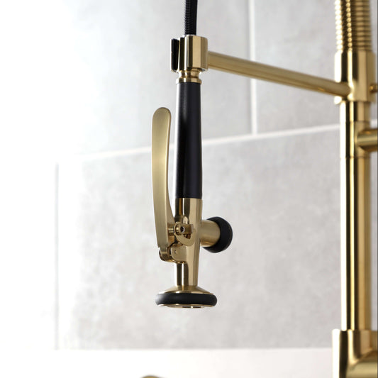 Kingston Brass LS8503DL Concord Single-Handle Deck-Mount Pre-Rinse Kitchen Faucet with Pot Filler, Brushed Brass sprayhead