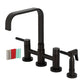 Kingston KS8257DKLBS Kaiser Bridge Kitchen Faucet with Brass Sprayer, Brushed Brass, featuring cylindrical handles and high spout.