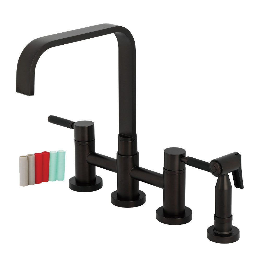 Kingston KS8257DKLBS Kaiser Bridge Kitchen Faucet with Brass Sprayer, Brushed Brass, featuring cylindrical handles and high spout.
