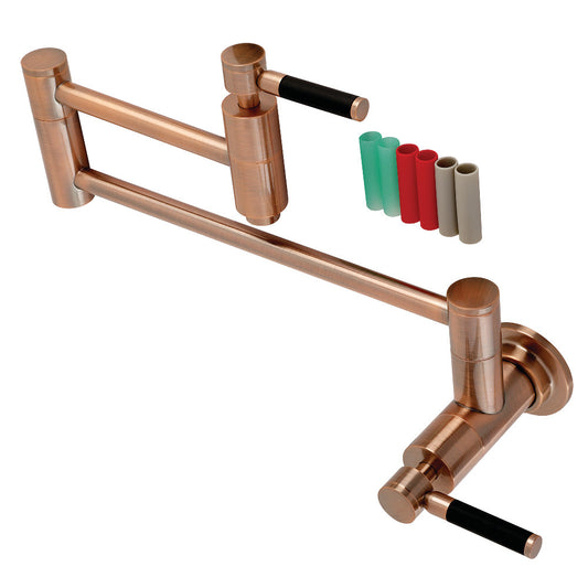 Kingston Brass KS810DKLAC Kaiser Wall Mount Pot Filler Faucet, Antique Copper with swing arms and color-coded handles.