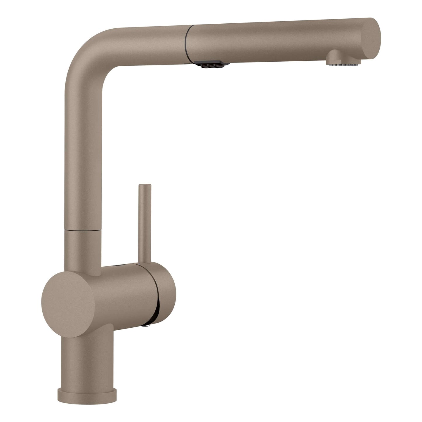 BLANCO Linus Low Arc Pull-Out Dual-Spray Kitchen Faucet - Truffle color, low-profile design for small spaces.