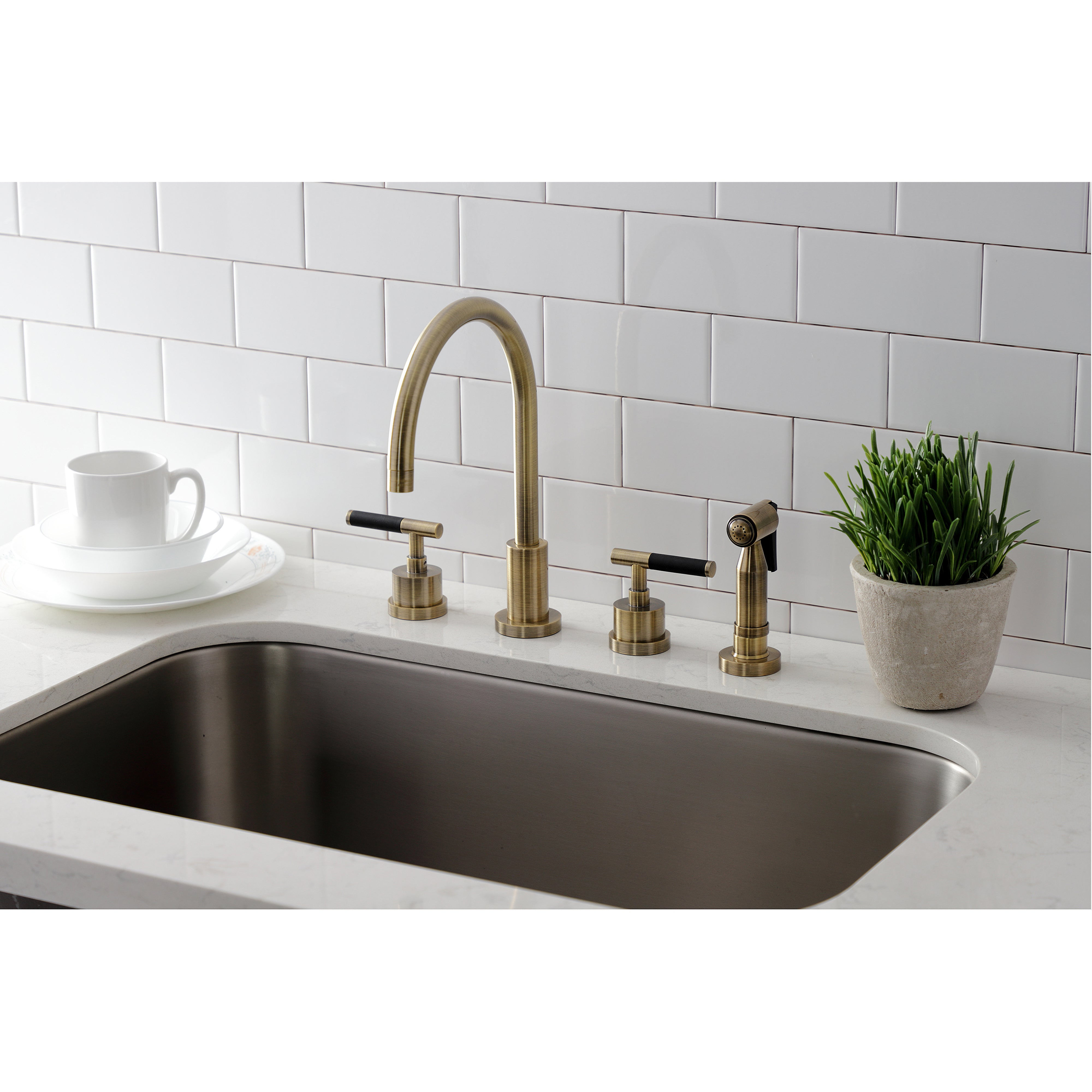 Kingston Brass KS8723CKLBS Kaiser Double-Handle Widespread Kitchen Faucet with Brass Sprayer, Antique Brass