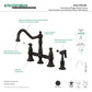 Kingston KS3277PLBS Restoration Bridge Kitchen Faucet with Brass Sprayer, Brushed Brass specifications and features image.