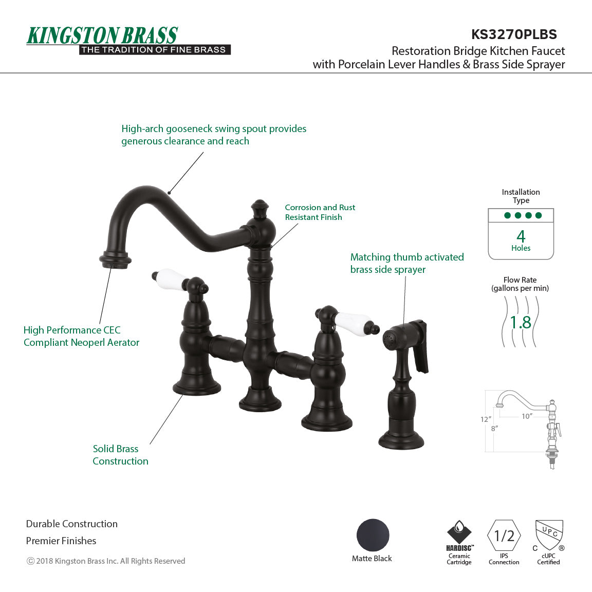 Kingston KS3277PLBS Restoration Bridge Kitchen Faucet with Brass Sprayer, Brushed Brass specifications and features image.