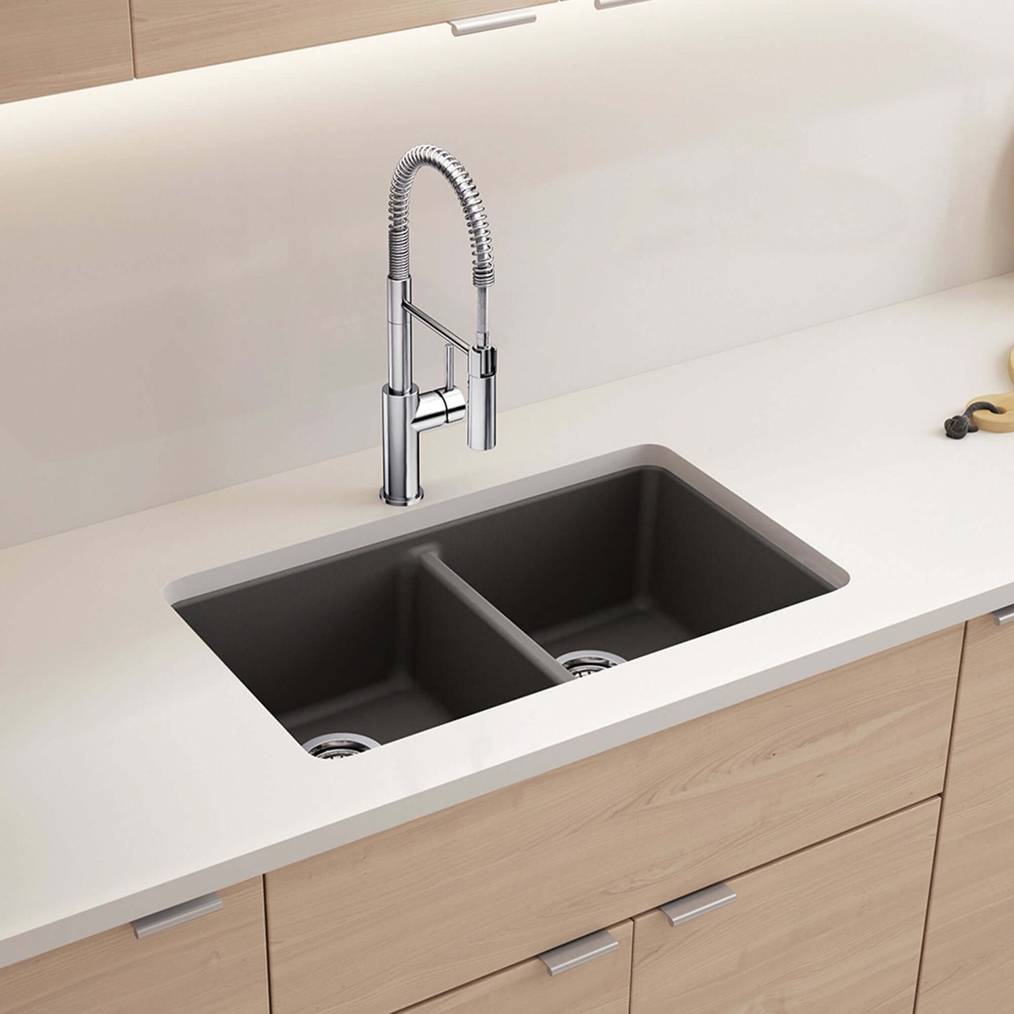 BLANCO Liven SILGRANIT 33" 50/50 Double Bowl Dual Mount Kitchen Sink with Low Divide in modern kitchen setting.