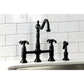 Kingston KS1277TXBS French Country Bridge Kitchen Faucet with Brass Sprayer, Brushed Brass in black finish.