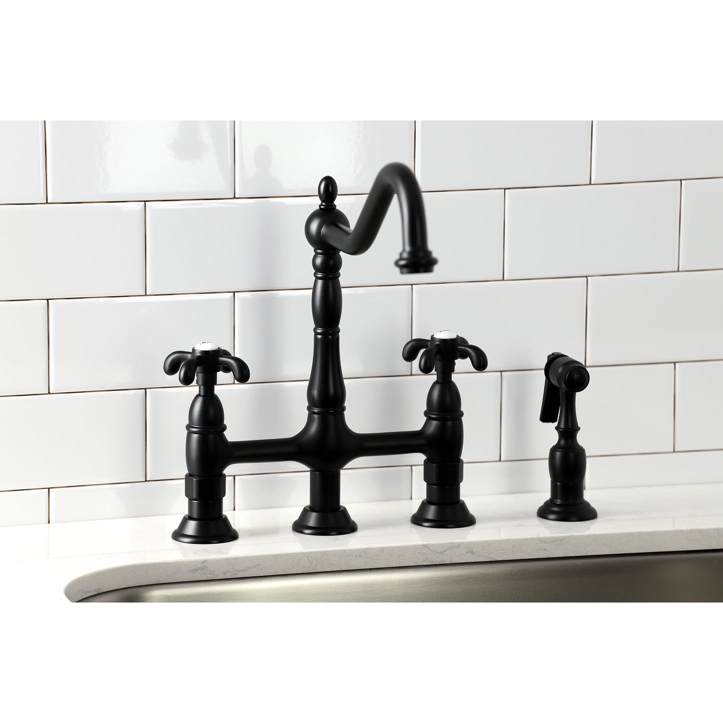 Kingston KS1277TXBS French Country Bridge Kitchen Faucet with Brass Sprayer, Brushed Brass in black finish.