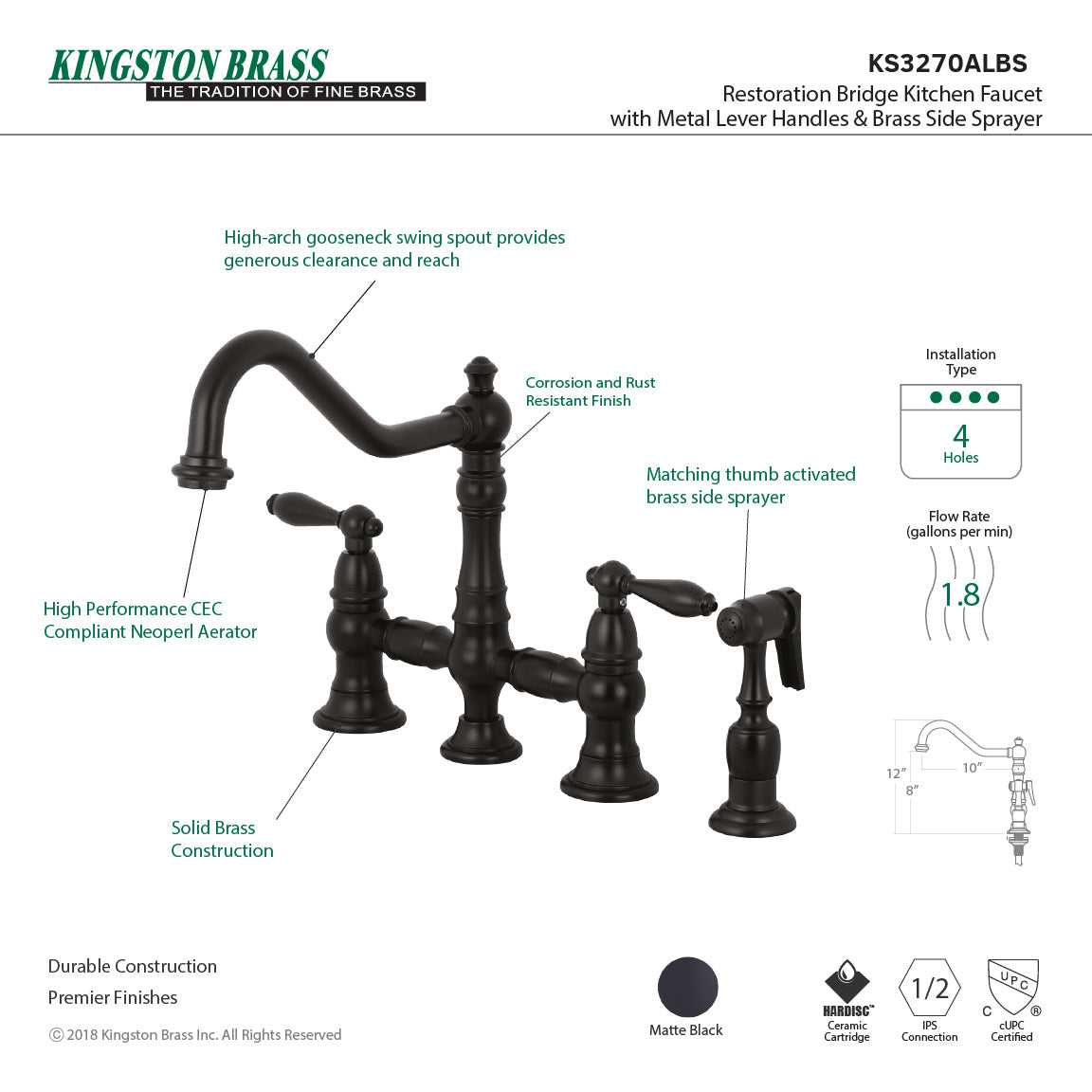 Kingston KS3277ALBS Restoration Bridge Kitchen Faucet with Brass Sprayer, Brushed Brass in matte black finish with side sprayer.