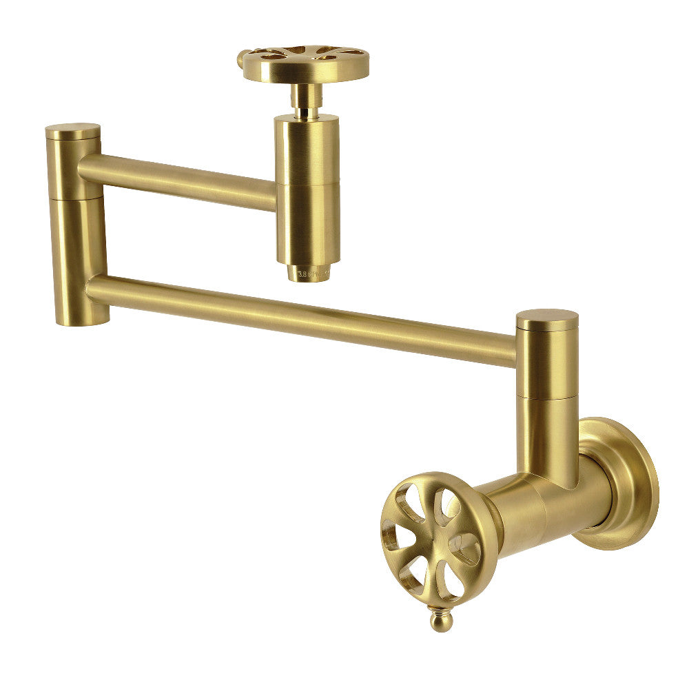 Kingston Brass KS8103RX Belknap Wall Mount Pot Filler Faucet, Antique Brass with foldable swing arms.