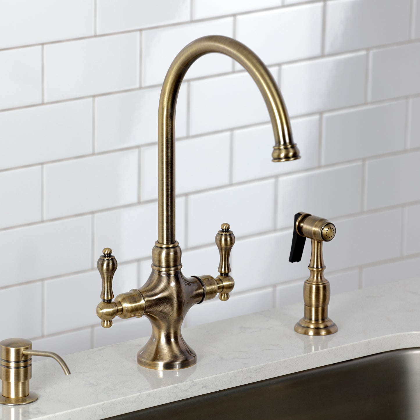 Kingston Brass KS1763ALBS Vintage Two-Handle Single-Hole Kitchen Faucet with Brass Sprayer, Antique Brass