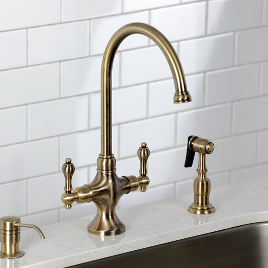Kingston Brass KS1763ALBS Vintage Two-Handle Single-Hole Kitchen Faucet with Brass Sprayer, Antique Brass