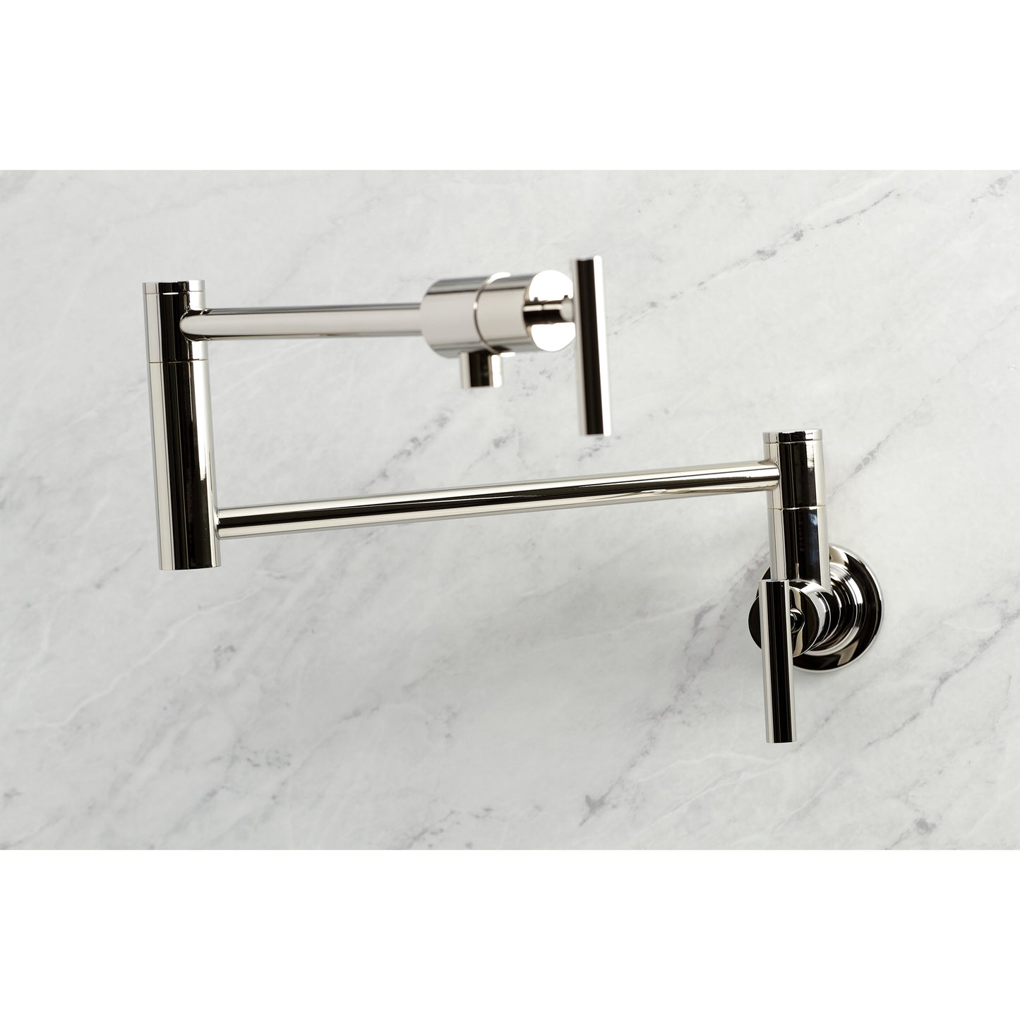Kingston Brass KS4103CML Manhattan Wall Mount Pot Filler Faucet, Antique Brass, with foldable swing arms for easy pot filling.