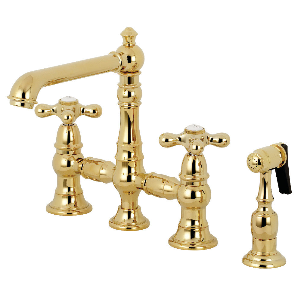 Kingston KS7277AXBS English Country Bridge Kitchen Faucet with Brass Sprayer, Brushed Brass in polished brass finish