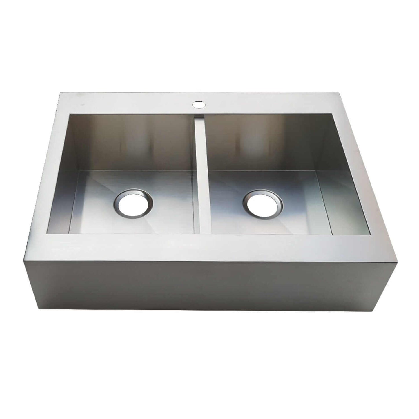 Kingston Brass 36" Apron Front Double Bowl Farmhouse Kitchen Sink - Brushed Stainless Steel top view with double bowl.