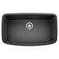 BLANCO Valea SILGRANIT 32" Super Single Undermount Kitchen Sink in sleek black design with central drain.