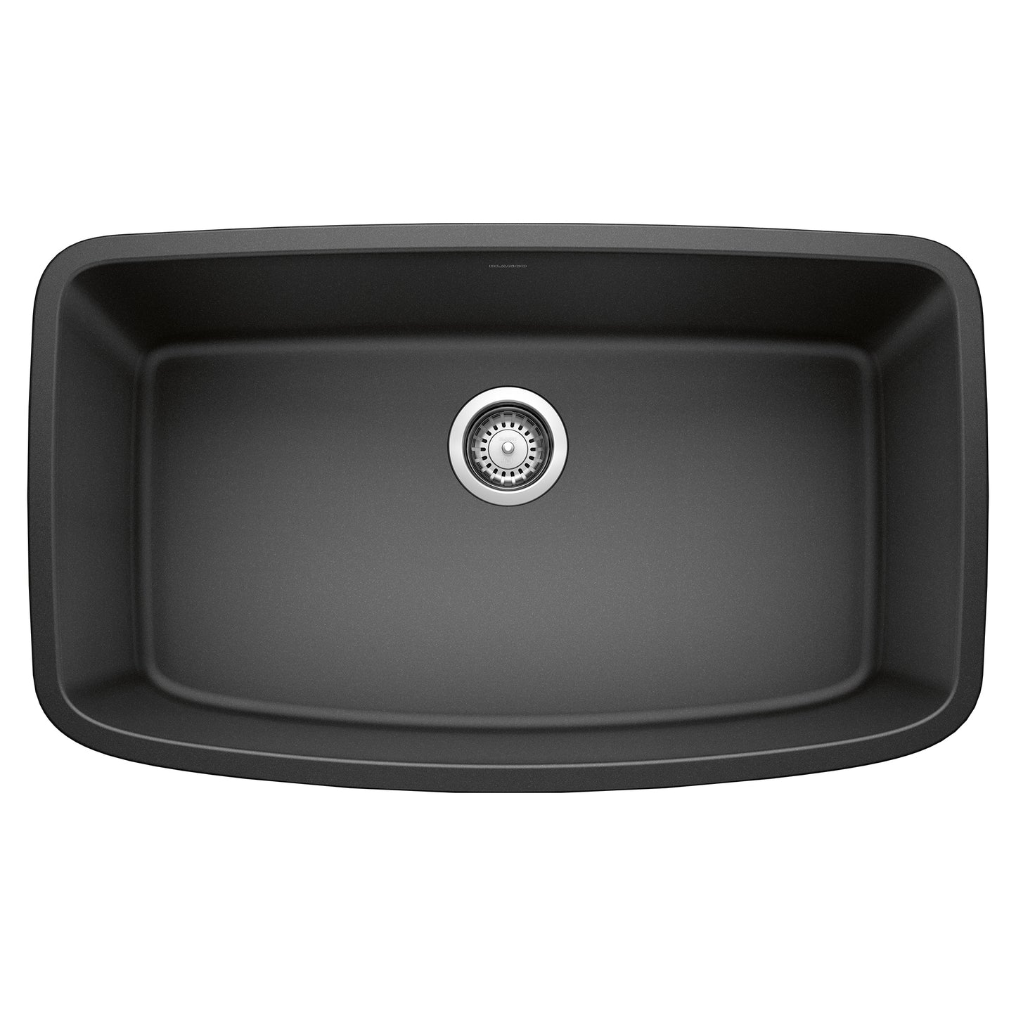 BLANCO Valea SILGRANIT 32" Super Single Undermount Kitchen Sink in sleek black design with central drain.
