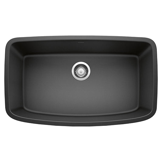 BLANCO Valea SILGRANIT 32" Super Single Undermount Kitchen Sink in sleek black design with central drain.