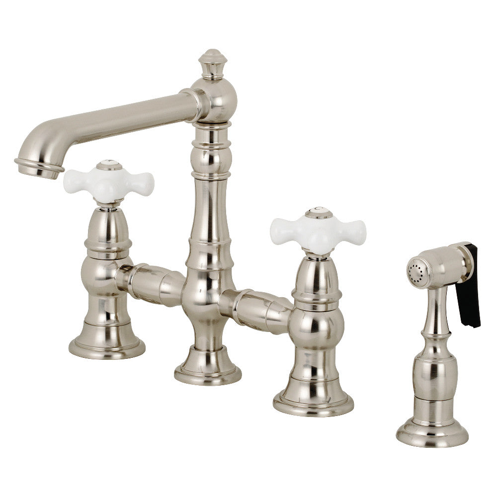 Kingston KS7277PXBS English Country Bridge Kitchen Faucet with Brass Sprayer, Brushed Brass
