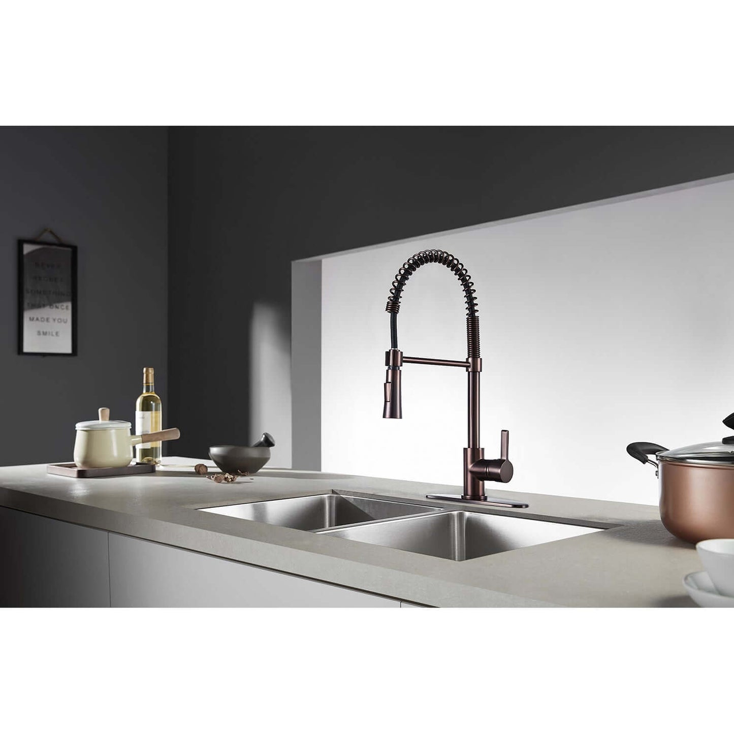 Gourmetier LS8678CTL Continental Single-Handle Deck-Mount Pre-Rinse Kitchen Faucet, Brushed Nickel right side view in modern kitchen.