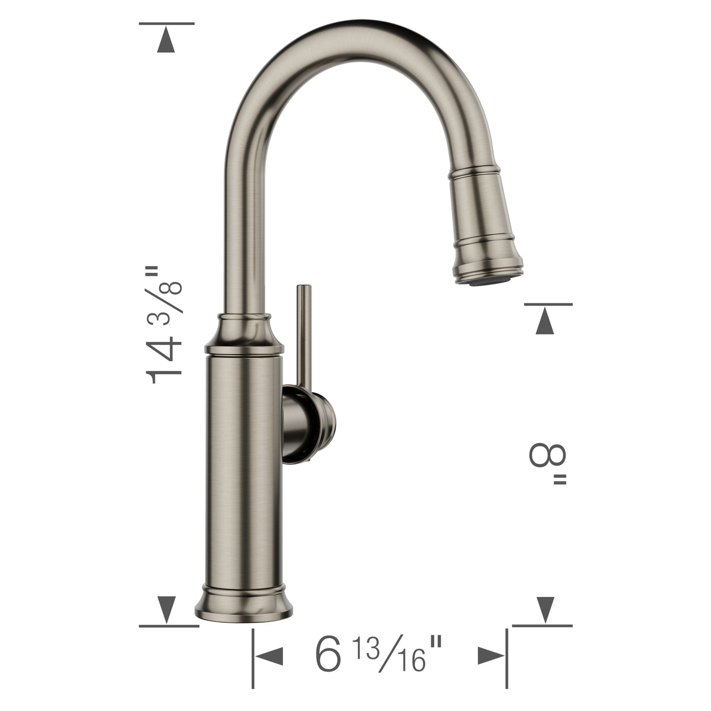 BLANCO Empressa Pull-Down Bar Faucet with vintage wine press design and dimensions view