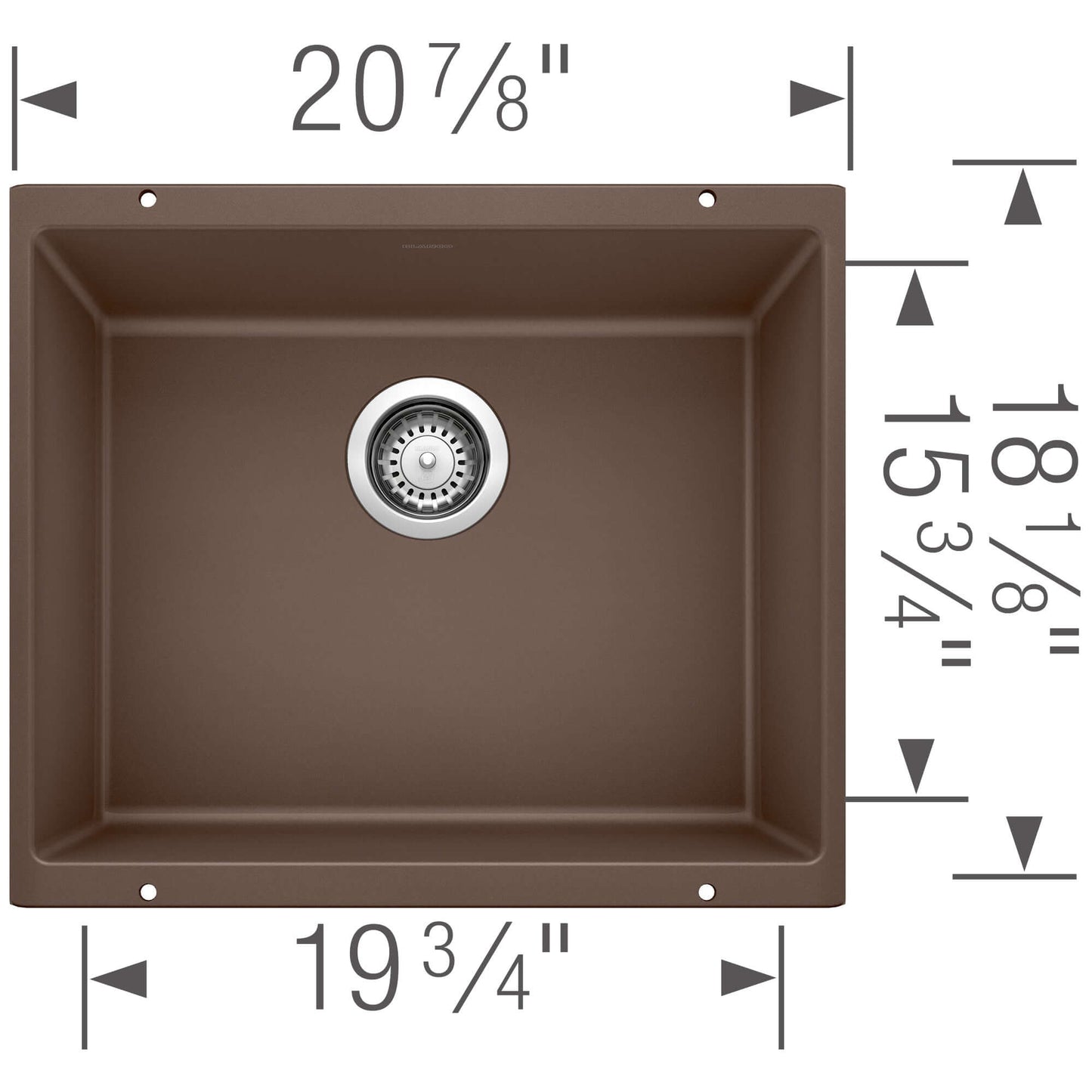 BLANCO Precis SILGRANIT 21" Single Bowl Undermount Kitchen Sink in brown color with dimensions displayed.