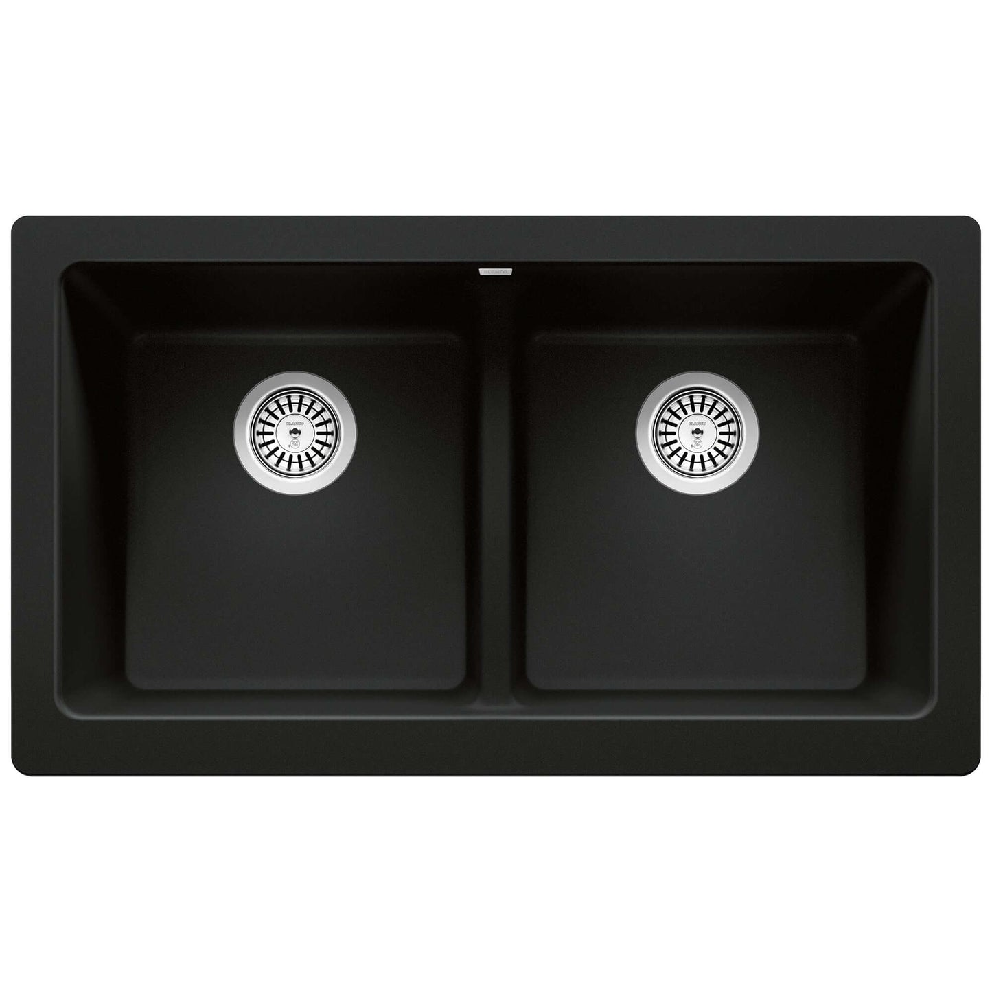 BLANCO VINTERA 33" SILGRANIT Double Bowl Farmhouse Sink in black with equal bowl design and stylish drain covers.