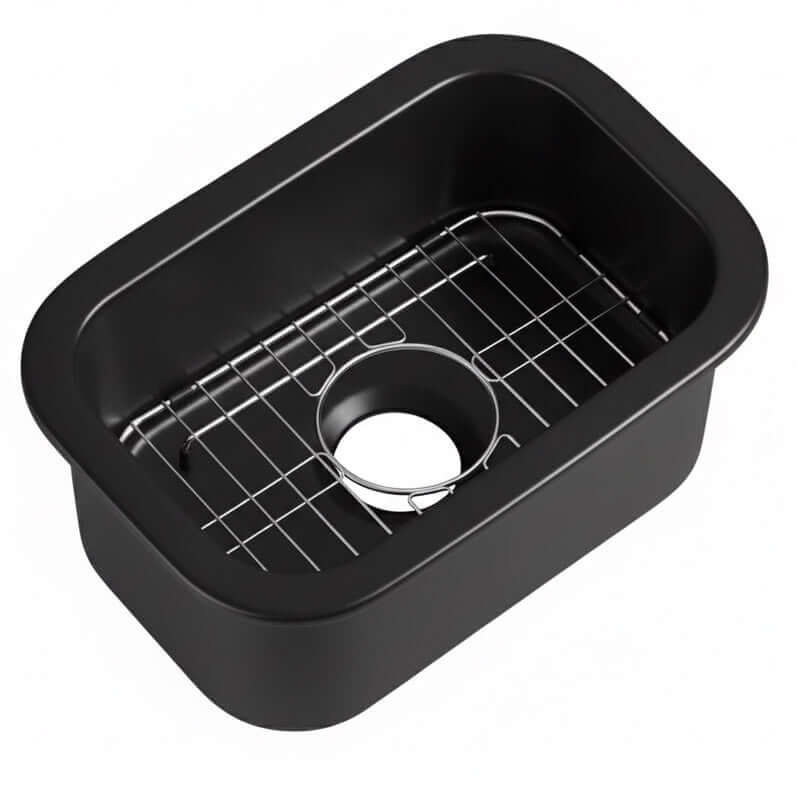 Alfi 13" x 19" Dual Mount Fireclay Prep Sink - ABF1319UD in black with a basket strainer.