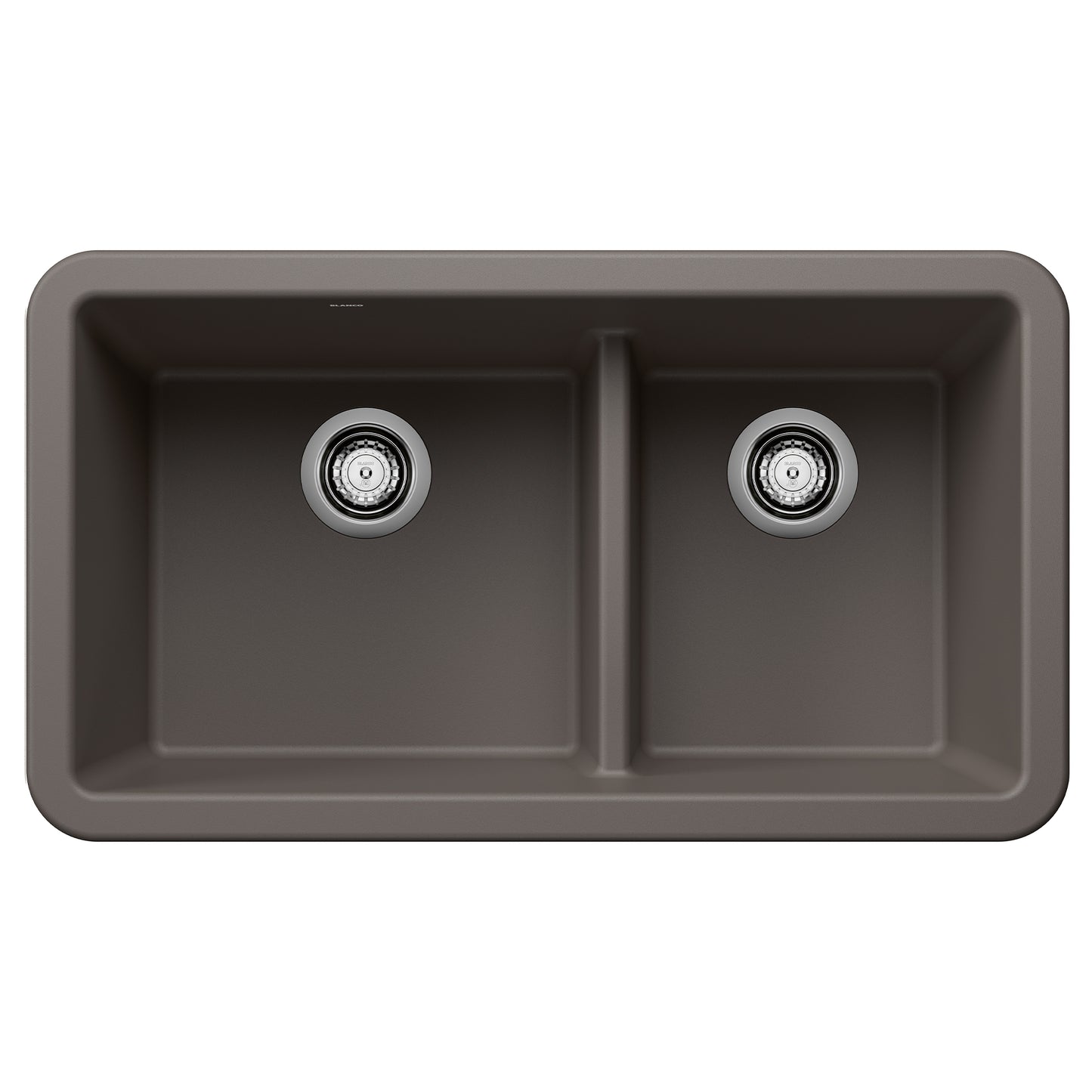 BLANCO Ikon SILGRANIT 33" Double Bowl Apron-Front Farmhouse Sink with Low Divide top view design.