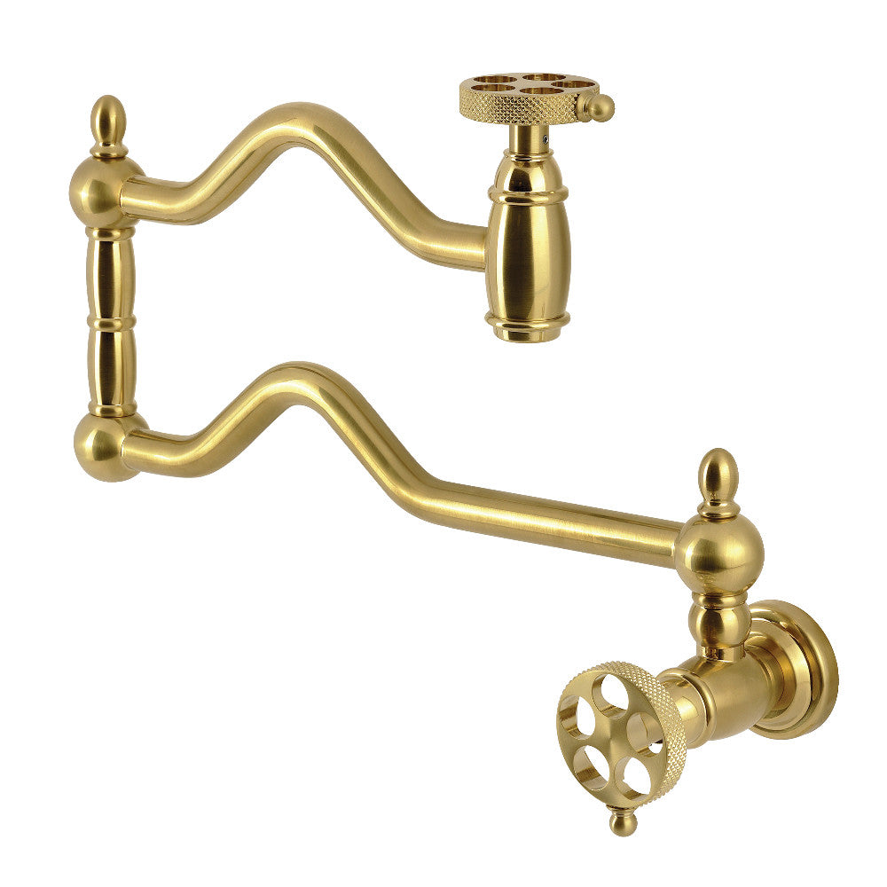 Kingston Brass KS2107RKX Webb Wall Mount Pot Filler Faucet with Knurled Handle, Brushed Brass design